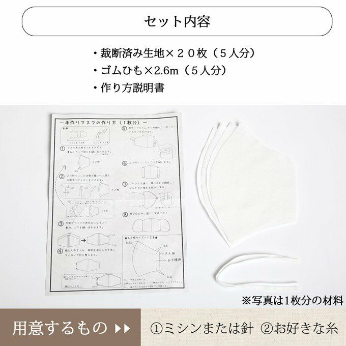 マスクキット 5枚分 綿100％ 手作り 日本製 マスク 白 日本製 大人用マスク 男女兼用 レディース メンズ 大人用 子供用 男の子 女の子 在庫あり 洗える ゴム ひも 男性 女性 こども ハンドメイド 大人 立体 送料無料 布 繰り返し使える 生地 自分で作る 国産