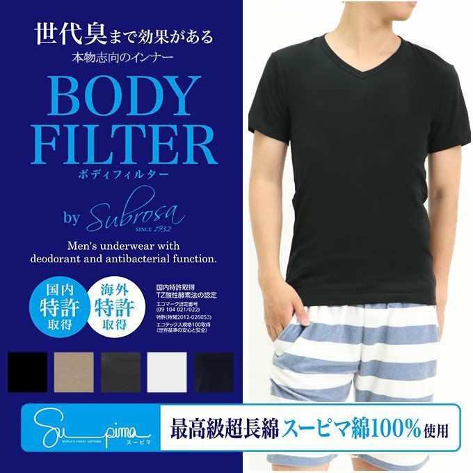 メール便（DM便）送料無料 メンズ Vネック半袖Tシャツ ボディフィルター 8073BF 驚きの消臭効果 世界特許のインナー BODYFILTER SUBROSA メンズ tシャツ vネック 機能性　インナーシャツ 半袖 速乾 防臭 深 消臭 部屋干し 大きいサイズ M L LL 綿100% フライス