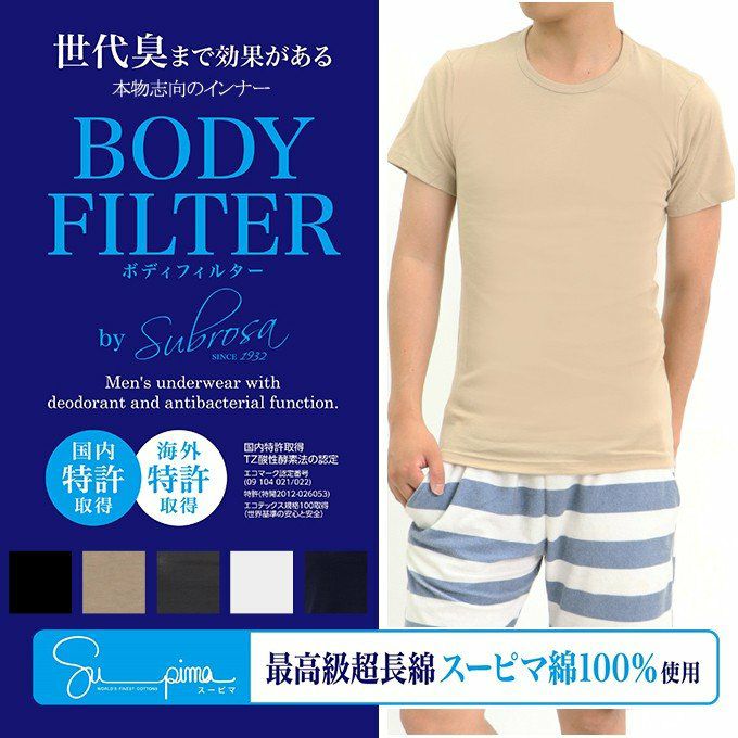 メール便（DM便）送料無料 メンズ 丸首半袖Tシャツ ボディフィルター 8074BF 驚きの消臭効果 世界特許のインナー　BODYFILTER SUBROSA tシャツ 丸首 機能性 インナーシャツ 半袖 速乾 防臭 深 消臭 部屋干し ギフト 大きいサイズ M L LL 綿100% フライス 