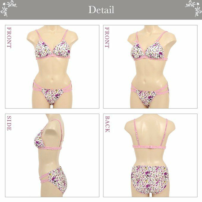 【ネコポス送料無料】 小花柄×フリルレースブラ＆ショーツ WAN-5 下着 レディース ブラ＆ショーツ ブラジャー ショーツ 上下 セット 三角ブラ ソフトブラ ノンワイヤー フリル パンツ リボン パット パッド 大きいサイズ ブラショー S M L LL XL set