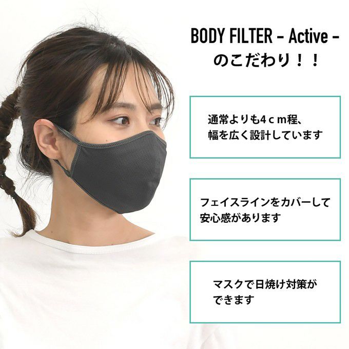 ボディフィルター アクティブ マスク 日本製 大人用マスク スポーツ アウトドア 男女兼用 レディース メンズ 在庫あり 個包装 洗える 抗菌 防臭 吸水 速乾 夏用 涼しい メッシュ ゴム 繰り返し 男性 女性 UVカット 大きいサイズ M L おしゃれ 送料無料 国産 