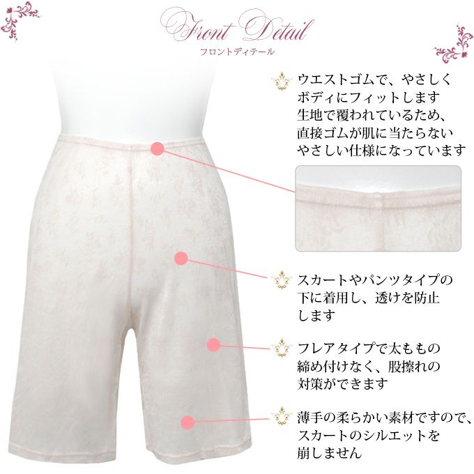 綿混 メッシュ ジャガード フレア 45cm丈 インナー 3165 インナー レディース 女性 ボトムス用 薄手 通気性 涼しい 涼感 さわやか パンツ ペチコートパンツ タップパンツ 肌着 大きいサイズ 花柄 汗 吸湿性 M L LL 伸縮性 股ずれ防止 フレアー アンダーウェア 春 夏 夏物