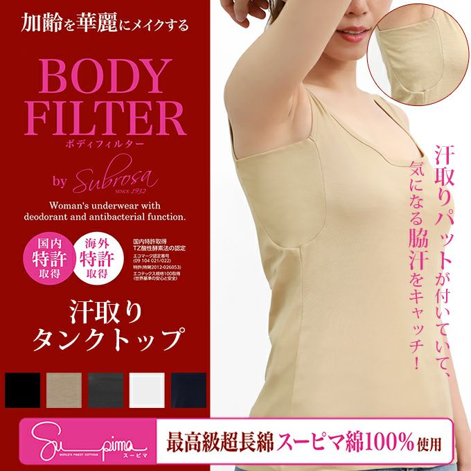 ボディフィルター シャツ レディース 汗取り タンクトップ 8208BF インナーシャツ BODYFILTER 日本製 tシャツ インナー シャツ タンクトップ インナーシャツ ノースリーブ 汗取り 大きい 汗取りパット 消臭 抗菌 部屋干し 機能性インナー 綿100%