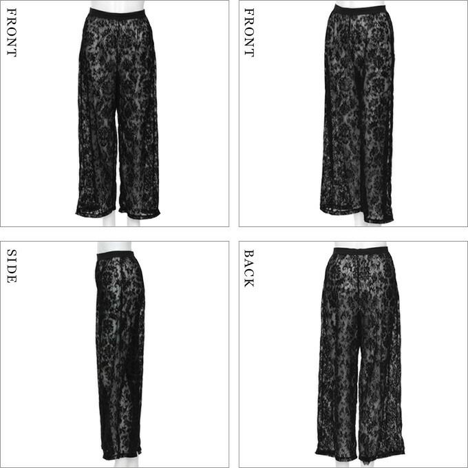 日本製 フロッキー ワイドパンツ 送料無料 8272rt レディース 透け おしゃれ ボトムス ボトム 可愛い かわいい ロング丈 ロングパンツ ウエストゴム フォーマル エレガント ワイド パンツ ブラック 黒 ブルー 青 花柄 春夏 春 夏 秋 M L