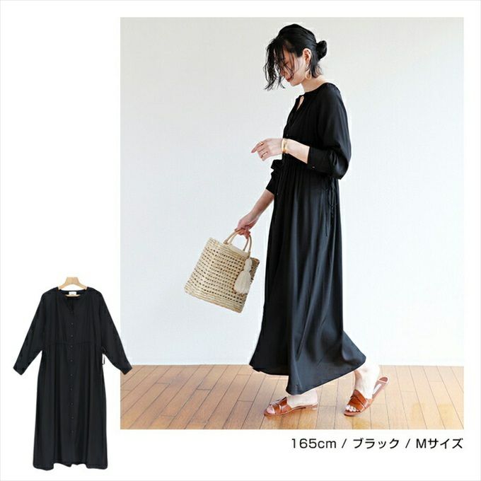 サテン サイドリボン スキッパー 長袖 ワンピース レディース フェミニン ギャザー ゆったり 羽織り 女性 長袖 シャツワンピース ロング丈 ロングワンピース おしゃれ オシャレ かわいい 大人 きれいめ ゆったり オフィス カジュアル シンプル 普段使い 黒 春夏 M 春 夏