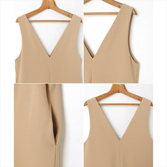 梨地ポンチ Vネック サロペット オールインワン レディース オケージョン オフィスウェア ストレッチ サイドポケット キレイめ 美ライン シンプル 無地 ボトム ワイド おしゃれ かわいい 大人 ファッション きれいめ ゆったり オフィス カジュアル ナチュラル 春夏 秋冬 M L