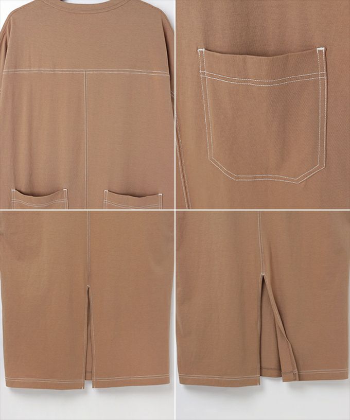 配色ステッチ オーバーサイズ コットン 長袖 フットボール Tシャツ ワンピース レディース バックスリット サイドポケット バックポケット 長袖 ワンピ 女性 おしゃれ オシャレ かわいい 大人 きれいめ ゆったり オフィス カジュアル 綿100％ コットン シンプル 春 夏 秋