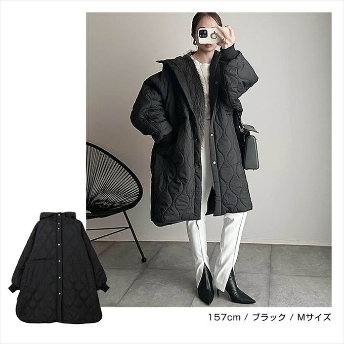 フード付き キルティング ロング コート レディース ミリタリー ステッチワーク サイドポケット ポンチョ風 体型カバー オーバーサイズ 防寒 暖か トレンド 暖かい アウター 大人 きれいめ おしゃれ カジュアル 女性 大人 春 秋 冬 送料無料 アウター ロング丈 M
