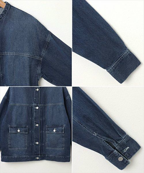 オーバーサイズ ノーカラー デニム ジャケット レディース ツイル 配色ステッチ ウォッシュ加工 タック ドロップショルダー ヴィンテージ ゆったり こなれ感 アウター 大人 きれいめ おしゃれ カジュアル ナチュラル シンプル オフィス 女性 Gジャン 春 秋 冬 M