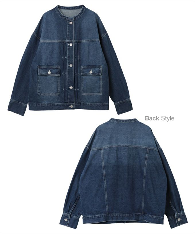 オーバーサイズ ノーカラー デニム ジャケット レディース ツイル 配色ステッチ ウォッシュ加工 タック ドロップショルダー ヴィンテージ ゆったり こなれ感 アウター 大人 きれいめ おしゃれ カジュアル ナチュラル シンプル オフィス 女性 Gジャン 春 秋 冬 M