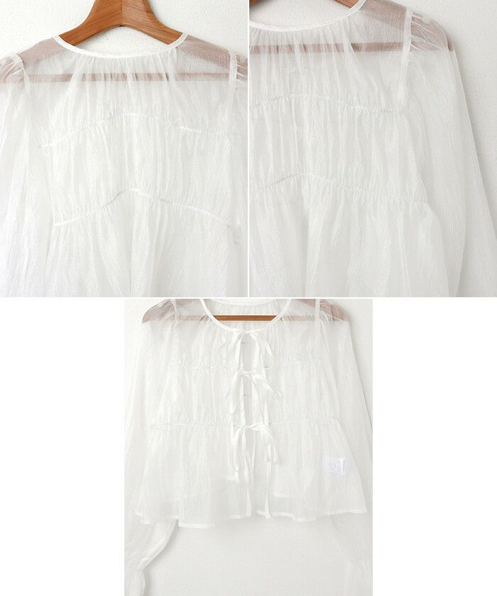 オーガンシアー 前後2way シャーリング ブラウス レディース シアー リボン ボリューム袖 トップス 羽織り 長袖 ショート丈 きれいめ セレモニー オケージョン 透け感 トレンド 韓国風 重ね着 ナチュラル カジュアル かわいい ナチュラル 春 夏 秋 送料無料 M 【mail】 t01