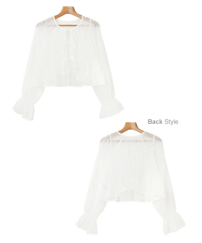 オーガンシアー 前後2way シャーリング ブラウス レディース シアー リボン ボリューム袖 トップス 羽織り 長袖 ショート丈 きれいめ セレモニー オケージョン 透け感 トレンド 韓国風 重ね着 ナチュラル カジュアル かわいい ナチュラル 春 夏 秋 送料無料 M 【mail】 t01