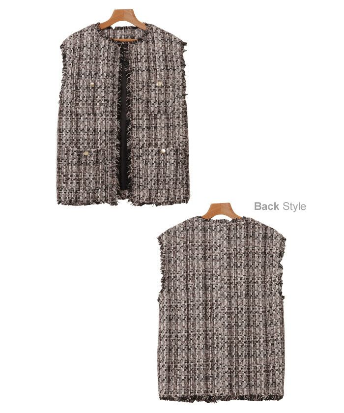 ツイード ノーカラー ベスト ジャケット レディース アウター ジレ 羽織り レイヤード 体型カバー フリンジ ポケット ボタン 着痩せ ゆったり こなれ感 上品 カジュアル かわいい ナチュラル オフィス 女性 シンプル ジャケット トップス 春 夏 秋 黒 JKT 送料無料 t01