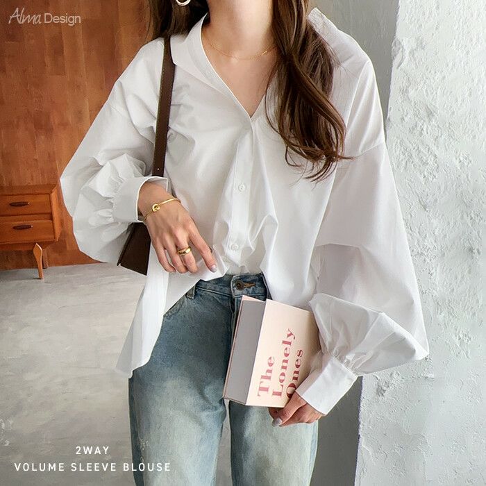 ボリューム 長袖 シャツ ブラウス レディース バンドカラー タイプライター フロントボタン ギャザー Aライン オーバーサイズ ボリューム袖 羽織り 体型カバー 張り感 トレンド感 カットソー 女性 トップス きれいめ おしゃれ 女性 春 夏 秋 シンプル 送料無料 【mail】 t01