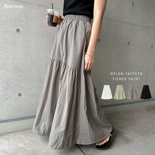 ナイロンタフタ ティアード フレア スカート ウエストゴム レディース ボトムス ロング 2way バルーン ドロスト ポケット カジュアル スポーティ トレンド 美ライン カジュアル ロングスカート 上品 ボトムス おしゃれ 大人 ファッション きれいめ 春 夏 秋 送料無料 t01