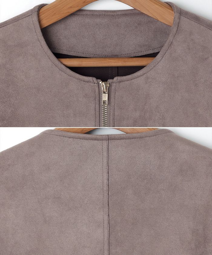 ノーカラーコート フェイクスエードポンチ ロング コート ジャケット レディース ジップ アウター 暖か 大人 きれいめ おしゃれ カジュアル ナチュラル シンプル オフィス 女性 ジップ ジャケット あたたかい アラサー アラフォー あったか 秋 冬 スウェード 送料無料 t02