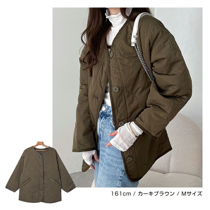 ノーカラー ミドル丈 キルティング ジャケット レディース アウター ブルゾン コート カジュアル オーバーサイズ 羽織り 長袖 ミリタリー 体型カバー おしゃれ ナチュラル シンプル オフィス 女性 ジップ あたたかい アラサー アラフォー あったか 20代 30代 40代 秋 冬 t02