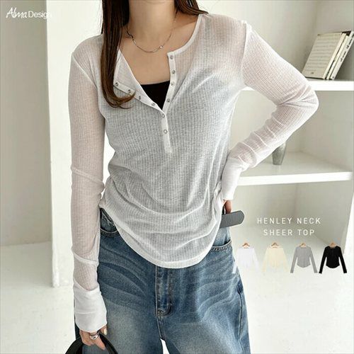 ヘンリーネック シアー トップス レディース 長袖トップス カットソー プルオーバー ロングtシャツ リブトップス 体型カバー 長袖 リブ スナップボタン 楽ちん リラックス カジュアル シンプル ナチュラル おしゃれ 長袖トップス 上品 春 夏 秋 送料無料 【mail】 t03