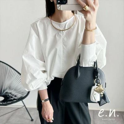 ボリューム袖 ブラウス レディース シンプル オーバーサイズ ファスナー付き 体型カバー モード トレンド きれいめ S/Mサイズ 春 夏 秋 冬 evernavy t03 ボリューム袖 ブラウス レディース シンプル オーバーサイズ