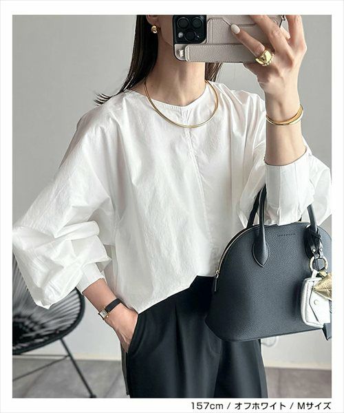ボリューム袖 ブラウス レディース シンプル オーバーサイズ ファスナー付き 体型カバー モード トレンド きれいめ S/Mサイズ 春 夏 秋 冬 evernavy エバーネイビー きれいめ 上品 セレモニー オフィス 無地 カジュアル おしゃれ トレンド 上品 春 夏 秋 送料無料 t03