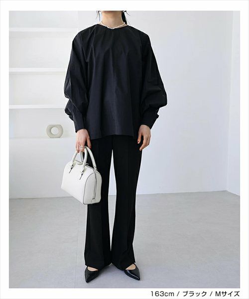 ボリューム袖 ブラウス レディース シンプル オーバーサイズ ファスナー付き 体型カバー モード トレンド きれいめ S/Mサイズ 春 夏 秋 冬 evernavy エバーネイビー きれいめ 上品 セレモニー オフィス 無地 カジュアル おしゃれ トレンド 上品 春 夏 秋 送料無料 t03