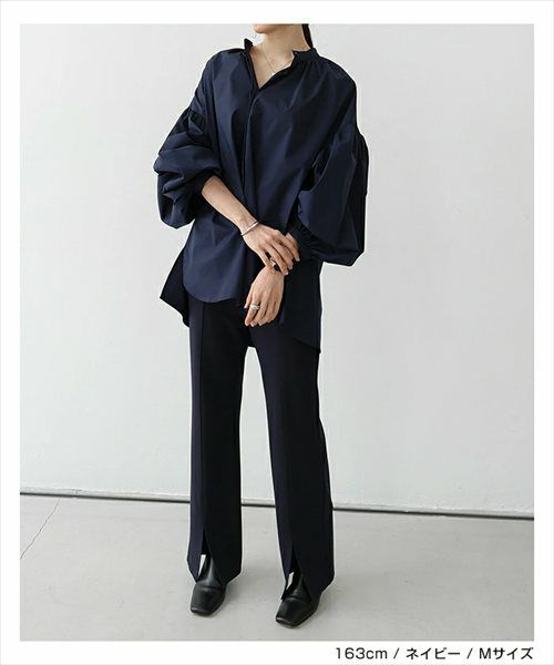 イージーケア ボリューム シャツ ブラウス レディース トップス シャツブラウス 綿シャツ 羽織 長袖 ボリューム袖 体型カバー ゆったり チュニック evernavy エバーネイビー きれいめ 上品 セレモニー オフィス カジュアル おしゃれ トレンド 上品 春 夏 秋 送料無料 t03