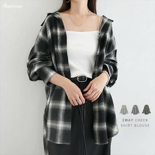 2way チェック シャツ ブラウス キャミソール ビスチェ レディース トップス チェックシャツ 長袖シャツ カーディガン 羽織り 軽アウター オーバーサイズ 体型カバー ゆったり 楽ちん 長袖 オフショル チェック柄 起毛 カジュアル トレンド オールシーズン 春 夏 秋 冬 t04