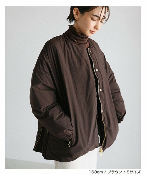 ノーカラー サイドジップ ダウンジャケット レディース フレンチダウン ノーカラージャケット コート 羽織り オーバーサイズ 体型カバー ゆったり ドルマン ポケット 軽量 きれいめ カジュアル 冬服 あったか 暖か 防寒 S M 秋冬 春 秋 冬 evernavy エバーネイビー t04