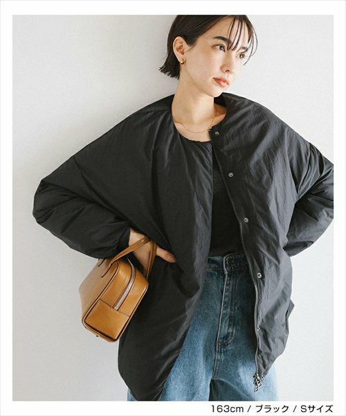 ノーカラー サイドジップ ダウンジャケット レディース フレンチダウン ノーカラージャケット コート 羽織り オーバーサイズ 体型カバー ゆったり ドルマン ポケット 軽量 きれいめ カジュアル 冬服 あったか 暖か 防寒 S M 秋冬 春 秋 冬 evernavy エバーネイビー t04