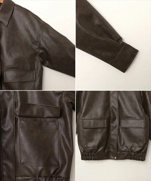 フェイクレザー オーバーサイズ ブルゾン レディース アウター レザーブルゾン ジャンパー コート 羽織り 体型カバー ゆったり 楽ちん ステンカラー タック ポケット 裏地付き ボリューム袖 長袖 ミドル丈 カジュアル トレンド 秋服 冬服 あったか 暖か 防寒 秋冬 秋 冬 t04