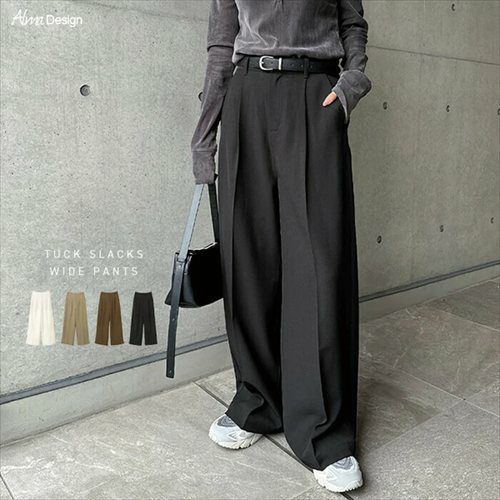 タック スラックス ワイド パンツ レディース ボトム ワイドパンツ タックパンツ リネンパンツ ズボン ウエストゴム 体型カバー 太ももカバー ゆったり 楽ちん ハイウエスト 美脚 ポケット きれいめ オフィス カジュアル セットアップ M L 春夏 秋冬 春 夏 秋 冬 t04 mail